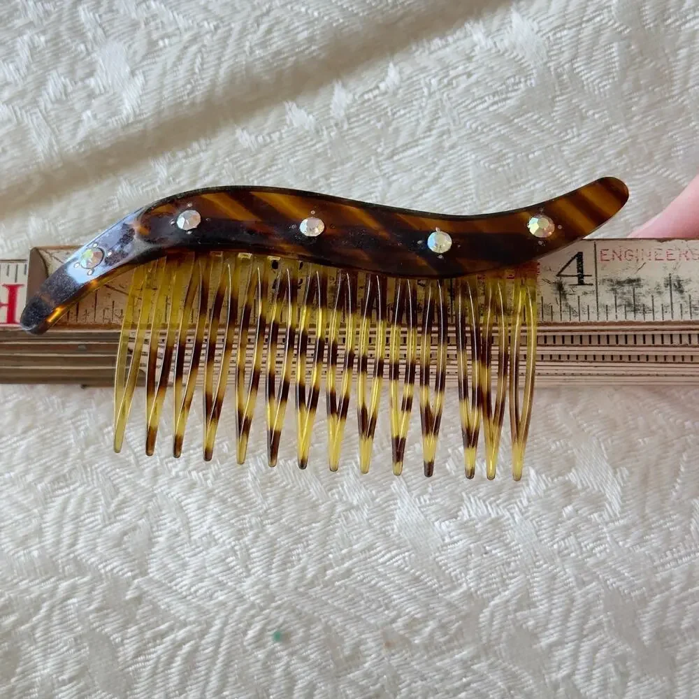 Vintage Brown Tortoiseshell Celluloid Hair Comb Deco 1930s Starburst Rhinestones